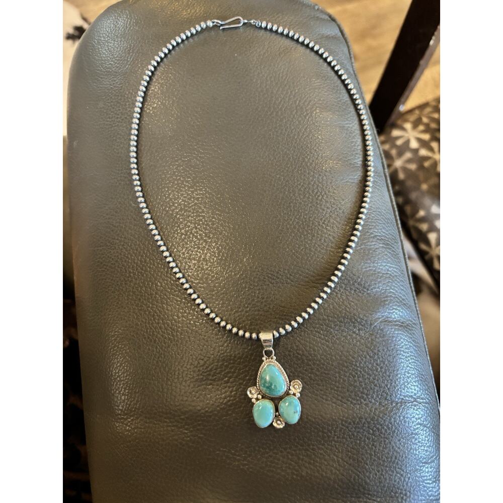 Turquoise and Sterling Silver Pendant with 3mm Desert Perak Chain Necklace
